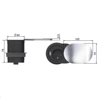 Solight 1x Einbausteckdose 1x USB mit Schiebedeckel, ovale gebürstete Aluminiumabdeckung, Verlängerungskabel 1, 9m Solight 1x Einbausteckdose 1x USB mit Schiebedeckel, ovale gebürstete Aluminiumabdeckung, Verlängerungskabel 1, 9m
