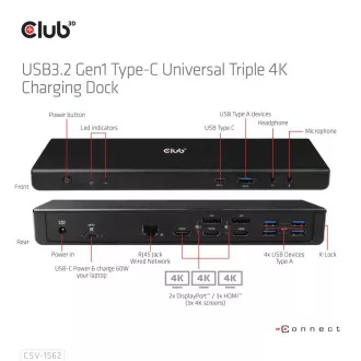 Club3D Dockingstation USB-C 13v1, 2xDP, 3xHDMI, 1xUSB-C, 5xUSB, 1xRJ45, 1x3.5mm, schwarz