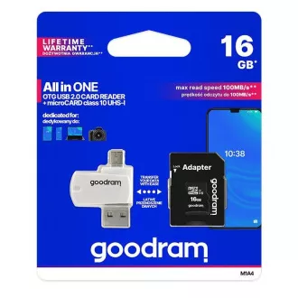 GOODRAM microSDHC-Karte 16GB M1A4 All-in-One (R: 100/W: 10 MB/s), UHS-I Class 10, U1 + Adapter + OTG-Kartenleser