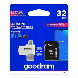 GOODRAM microSDHC-Karte 32GB M1A4 All-in-One (R: 100/W: 10 MB/s), UHS-I Class 10, U1 + Adapter + OTG-Kartenleser GOODRAM microSDHC-Karte 32GB M1A4 All-in-One (R: 100/W: 10 MB/s), UHS-I Class 10, U1 + Adapter + OTG-Kartenleser