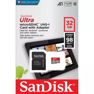 SanDisk MicroSDHC-Karte 32 GB Ultra (120 MB / s, A1 Klasse 10 UHS-I, Android - Tablet-Verpackung, Memory Zone App) + Adapter