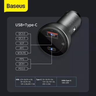 Baseus PPS Autoadapter mit Display USB-C + USB-A 45W, grau