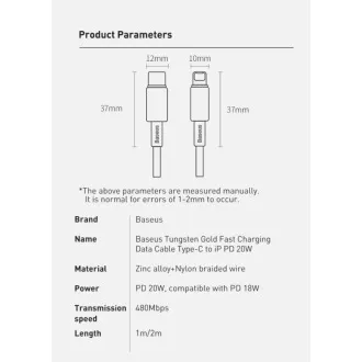 Baseus Tungsten Gold Schnelllade-/Datenkabel USB-C auf Lightning PD 20W 2m, schwarz