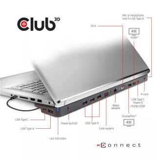 Club3D Dockingstation USB-C 14v1, 1xDP, 1xHDMI, 1xVGA, 2xUSB-C, 5xUSB, SD Kartenleser, 1xRJ45, schwarz Club3D Dockingstation USB-C 14v1, 1xDP, 1xHDMI, 1xVGA, 2xUSB-C, 5xUSB, SD Kartenleser, 1xRJ45, schwarz