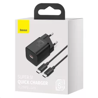 Baseus Super Si Schnellladegerät 1C 25W EU + Kabel Typ-C / Typ-C 3A 1m schwarz Baseus Super Si Schnellladegerät 1C 25W EU + Kabel Typ-C / Typ-C 3A 1m schwarz