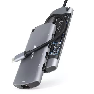 AXAGON HMC-6M2, USB 3.2 Gen 1 Hub, Anschlüsse 2x USB-A, HDMI, RJ-45 GLAN, SATA M.2 Slot, PD 100W, Kabel USB-C 18cm AXAGON HMC-6M2, USB 3.2 Gen 1 Hub, Anschlüsse 2x USB-A, HDMI, RJ-45 GLAN, SATA M.2 Slot, PD 100W, Kabel USB-C 18cm