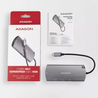 AXAGON HMC-6M2, USB 3.2 Gen 1 Hub, Anschlüsse 2x USB-A, HDMI, RJ-45 GLAN, SATA M.2 Slot, PD 100W, Kabel USB-C 18cm AXAGON HMC-6M2, USB 3.2 Gen 1 Hub, Anschlüsse 2x USB-A, HDMI, RJ-45 GLAN, SATA M.2 Slot, PD 100W, Kabel USB-C 18cm