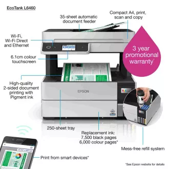 EPSON Druckertinte EcoTank L6460, 3in1, A4, 1200x4800dpi, 37ppm, USB, Duplex, 5 Jahre Garantie nach kostenloser Registrierung