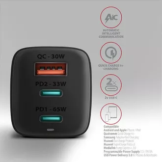 AXAGON ACU-DPQ65, GaN-Netzladegerät 65W, 3x Port (USB-A dual USB-C), PD3.0/QC4 /PPS/Apple, schwarz AXAGON ACU-DPQ65, GaN-Netzladegerät 65W, 3x Port (USB-A dual USB-C), PD3.0/QC4 /PPS/Apple, schwarz