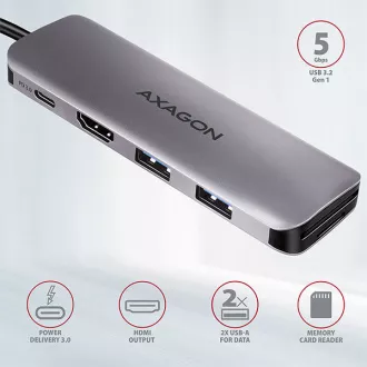 AXAGON HMC-5, USB 3.2 Gen 1 Hub, Anschlüsse 2x USB-A, HDMI, SD/microSD Slot, PD 100W, Kabel USB-C 20cm AXAGON HMC-5, USB 3.2 Gen 1 Hub, Anschlüsse 2x USB-A, HDMI, SD/microSD Slot, PD 100W, Kabel USB-C 20cm