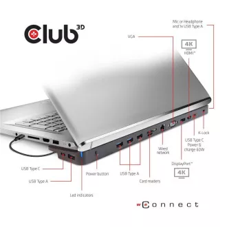 Club3D Dockingstation USB-C 14v1, 1xDP, 1xHDMI, 1xVGA, 2xUSB-C, 5xUSB, SD-Kartenleser, schwarz