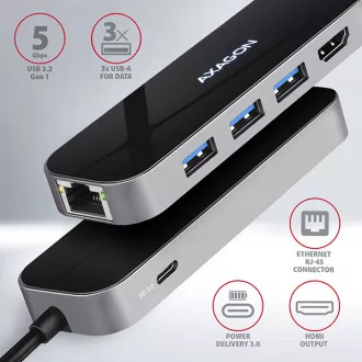 AXAGON HMC-6GL, USB 3.2 Gen 1 Hub, Anschlüsse 3x USB-A, HDMI, RJ-45 GLAN, PD 60W, Kabel USB-C 20cm AXAGON HMC-6GL, USB 3.2 Gen 1 Hub, Anschlüsse 3x USB-A, HDMI, RJ-45 GLAN, PD 60W, Kabel USB-C 20cm