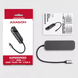 AXAGON HMC-6GL, USB 3.2 Gen 1 Hub, Anschlüsse 3x USB-A, HDMI, RJ-45 GLAN, PD 60W, Kabel USB-C 20cm AXAGON HMC-6GL, USB 3.2 Gen 1 Hub, Anschlüsse 3x USB-A, HDMI, RJ-45 GLAN, PD 60W, Kabel USB-C 20cm