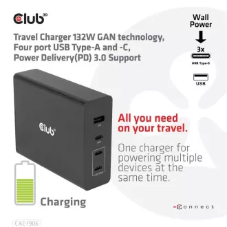 Club3D Reise-Ladegerät 132W GAN-Technologie, 4xUSB-A und USB-C, PD 3.0 Unterstützung Club3D Reise-Ladegerät 132W GAN-Technologie, 4xUSB-A und USB-C, PD 3.0 Unterstützung