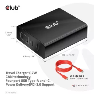 Club3D Reise-Ladegerät 132W GAN-Technologie, 4xUSB-A und USB-C, PD 3.0 Unterstützung Club3D Reise-Ladegerät 132W GAN-Technologie, 4xUSB-A und USB-C, PD 3.0 Unterstützung