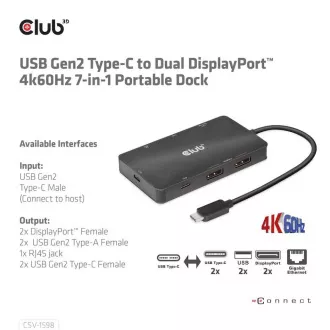 Club3D Dockingstation USB-C 7v1, 2xDP, 2xUSB-C, 2xUSB, 1xRJ45, schwarz