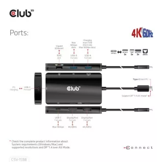 Club3D Dockingstation USB-C 7v1, 2xDP, 2xUSB-C, 2xUSB, 1xRJ45, schwarz