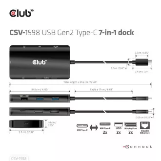 Club3D Dockingstation USB-C 7v1, 2xDP, 2xUSB-C, 2xUSB, 1xRJ45, schwarz