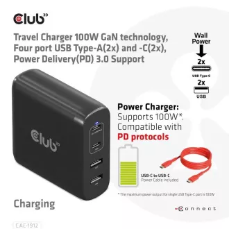 Club3D Reise-Ladegerät 100W GAN-Technologie, 2xUSB-A und 2xUSB-C, PD 3.0 Unterstützung Club3D Reise-Ladegerät 100W GAN-Technologie, 2xUSB-A und 2xUSB-C, PD 3.0 Unterstützung