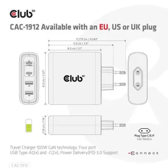 Club3D Reise-Ladegerät 100W GAN-Technologie, 2xUSB-A und 2xUSB-C, PD 3.0 Unterstützung Club3D Reise-Ladegerät 100W GAN-Technologie, 2xUSB-A und 2xUSB-C, PD 3.0 Unterstützung
