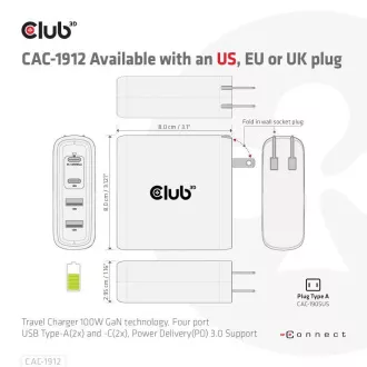 Club3D Reise-Ladegerät 100W GAN-Technologie, 2xUSB-A und 2xUSB-C, PD 3.0 Unterstützung Club3D Reise-Ladegerät 100W GAN-Technologie, 2xUSB-A und 2xUSB-C, PD 3.0 Unterstützung