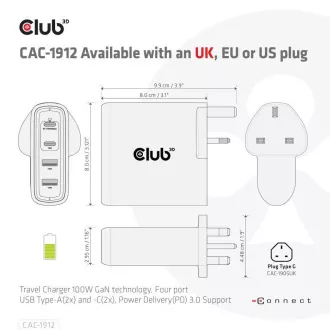 Club3D Reise-Ladegerät 100W GAN-Technologie, 2xUSB-A und 2xUSB-C, PD 3.0 Unterstützung Club3D Reise-Ladegerät 100W GAN-Technologie, 2xUSB-A und 2xUSB-C, PD 3.0 Unterstützung
