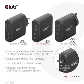Club3D Reise-Ladegerät 100W GAN-Technologie, 2xUSB-A und 2xUSB-C, PD 3.0 Unterstützung Club3D Reise-Ladegerät 100W GAN-Technologie, 2xUSB-A und 2xUSB-C, PD 3.0 Unterstützung