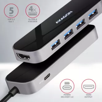 AXAGON HMC-6H4A, USB 3.2 Gen 1 Hub, 4x USB-A Anschlüsse, HDMI 4k/30Hz, PD 100W, USB-C Kabel 20cm AXAGON HMC-6H4A, USB 3.2 Gen 1 Hub, 4x USB-A Anschlüsse, HDMI 4k/30Hz, PD 100W, USB-C Kabel 20cm