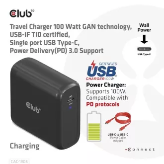 Club3D Travel Charger 100W GAN Technologie, USB-IF TID zertifiziert, USB Typ-C, Power Delivery (PD) 3.0 Unterstützung