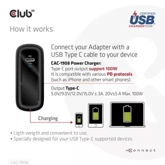 Club3D Travel Charger 100W GAN Technologie, USB-IF TID zertifiziert, USB Typ-C, Power Delivery (PD) 3.0 Unterstützung