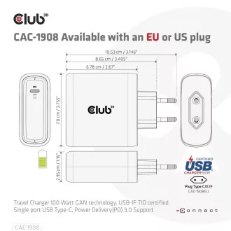 Club3D Travel Charger 100W GAN Technologie, USB-IF TID zertifiziert, USB Typ-C, Power Delivery (PD) 3.0 Unterstützung