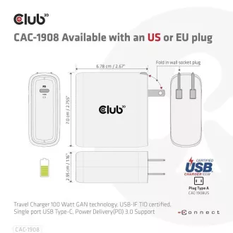 Club3D Travel Charger 100W GAN Technologie, USB-IF TID zertifiziert, USB Typ-C, Power Delivery (PD) 3.0 Unterstützung