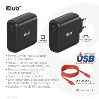 Club3D Travel Charger 100W GAN Technologie, USB-IF TID zertifiziert, USB Typ-C, Power Delivery (PD) 3.0 Unterstützung