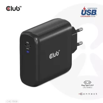 Club3D Travel Charger 100W GAN Technologie, USB-IF TID zertifiziert, USB Typ-C, Power Delivery (PD) 3.0 Unterstützung