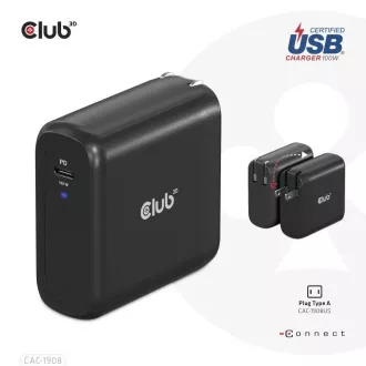 Club3D Travel Charger 100W GAN Technologie, USB-IF TID zertifiziert, USB Typ-C, Power Delivery (PD) 3.0 Unterstützung