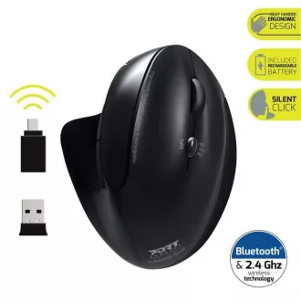 PORT vertikale kabellose ergonomische Maus, BT, 2, 4 GHz, USB-A/C, Rechtshänder, schwarz
