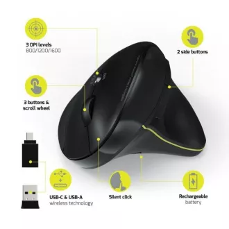 PORT vertikale kabellose ergonomische Maus, BT, 2, 4 GHz, USB-A/C, Rechtshänder, schwarz