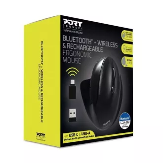 PORT vertikale kabellose ergonomische Maus, BT, 2, 4 GHz, USB-A/C, Rechtshänder, schwarz