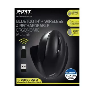 PORT vertikale kabellose ergonomische Maus, BT, 2, 4 GHz, USB-A/C, Rechtshänder, schwarz