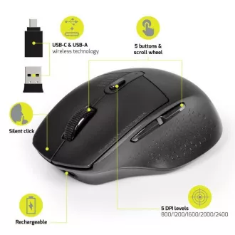 PORT wiederaufladbare Maus mit dualer Funkverbindung, BT, 2, 4 GHz, USB-A/C, schwarz PORT wiederaufladbare Maus mit dualer Funkverbindung, BT, 2, 4 GHz, USB-A/C, schwarz