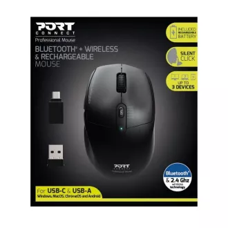PORT wiederaufladbare Maus mit dualer Funkverbindung, BT, 2, 4 GHz, USB-A/C, schwarz PORT wiederaufladbare Maus mit dualer Funkverbindung, BT, 2, 4 GHz, USB-A/C, schwarz