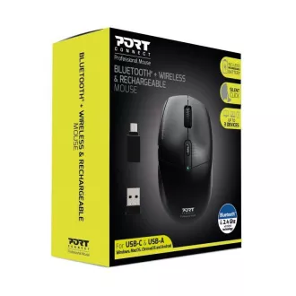 PORT wiederaufladbare Maus mit dualer Funkverbindung, BT, 2, 4 GHz, USB-A/C, schwarz PORT wiederaufladbare Maus mit dualer Funkverbindung, BT, 2, 4 GHz, USB-A/C, schwarz