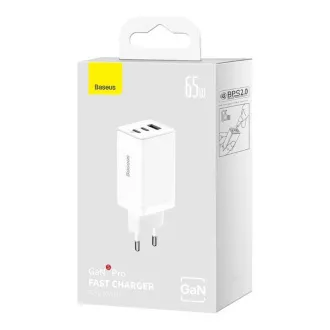 Baseus GaN5 Pro Schnellladeadapter 2x USB-C USB-A 65W weiß Baseus GaN5 Pro Schnellladeadapter 2x USB-C USB-A 65W weiß
