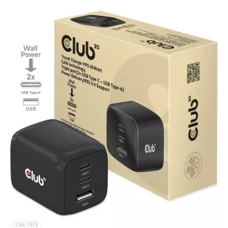 Club3D Travel Charger 65W GAN Technologie, 3 Anschlüsse (2xUSB-C USB-A), PPS, Power Delivery(PD) 3.0 Unterstützung Club3D Travel Charger 65W GAN Technologie, 3 Anschlüsse (2xUSB-C USB-A), PPS, Power Delivery(PD) 3.0 Unterstützung