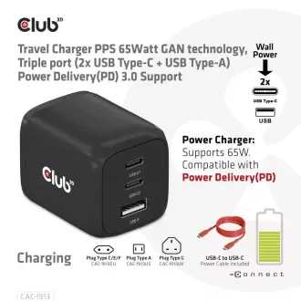 Club3D Travel Charger 65W GAN Technologie, 3 Anschlüsse (2xUSB-C USB-A), PPS, Power Delivery(PD) 3.0 Unterstützung Club3D Travel Charger 65W GAN Technologie, 3 Anschlüsse (2xUSB-C USB-A), PPS, Power Delivery(PD) 3.0 Unterstützung