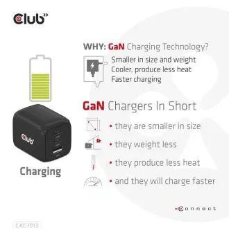 Club3D Travel Charger 65W GAN Technologie, 3 Anschlüsse (2xUSB-C USB-A), PPS, Power Delivery(PD) 3.0 Unterstützung Club3D Travel Charger 65W GAN Technologie, 3 Anschlüsse (2xUSB-C USB-A), PPS, Power Delivery(PD) 3.0 Unterstützung