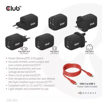 Club3D Travel Charger 65W GAN Technologie, 3 Anschlüsse (2xUSB-C USB-A), PPS, Power Delivery(PD) 3.0 Unterstützung Club3D Travel Charger 65W GAN Technologie, 3 Anschlüsse (2xUSB-C USB-A), PPS, Power Delivery(PD) 3.0 Unterstützung