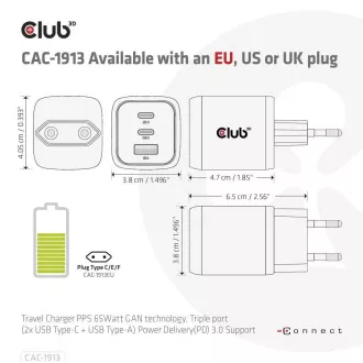 Club3D Travel Charger 65W GAN Technologie, 3 Anschlüsse (2xUSB-C USB-A), PPS, Power Delivery(PD) 3.0 Unterstützung Club3D Travel Charger 65W GAN Technologie, 3 Anschlüsse (2xUSB-C USB-A), PPS, Power Delivery(PD) 3.0 Unterstützung