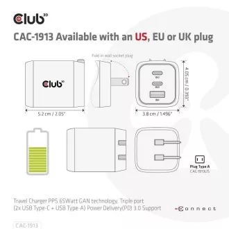 Club3D Travel Charger 65W GAN Technologie, 3 Anschlüsse (2xUSB-C USB-A), PPS, Power Delivery(PD) 3.0 Unterstützung Club3D Travel Charger 65W GAN Technologie, 3 Anschlüsse (2xUSB-C USB-A), PPS, Power Delivery(PD) 3.0 Unterstützung
