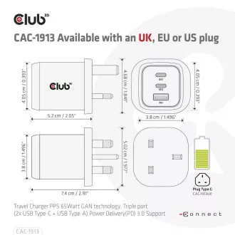 Club3D Travel Charger 65W GAN Technologie, 3 Anschlüsse (2xUSB-C USB-A), PPS, Power Delivery(PD) 3.0 Unterstützung Club3D Travel Charger 65W GAN Technologie, 3 Anschlüsse (2xUSB-C USB-A), PPS, Power Delivery(PD) 3.0 Unterstützung